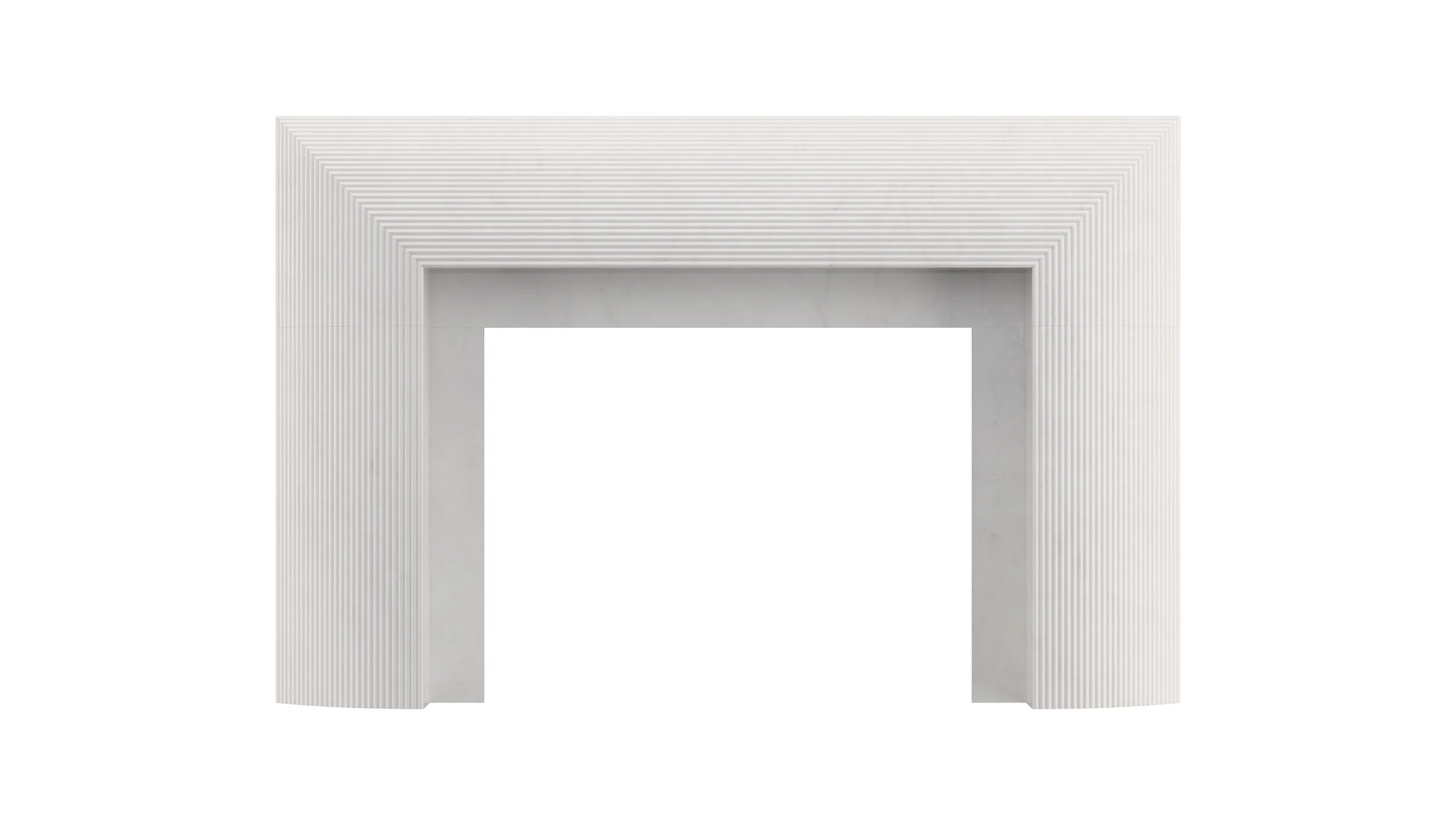 Minimalist white rectangular fireplace with textured vertical ridges on the outer frame set against a white background.