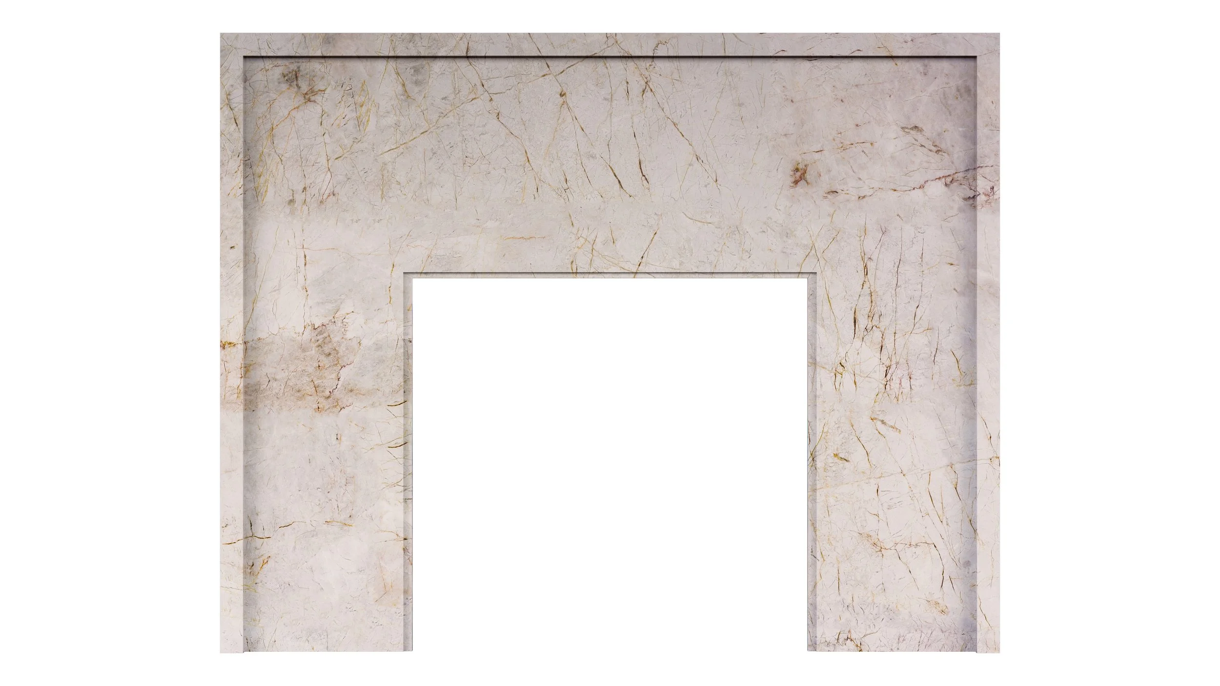 Marble fireplace with a rectangular design, polished surface, and natural veining patterns.