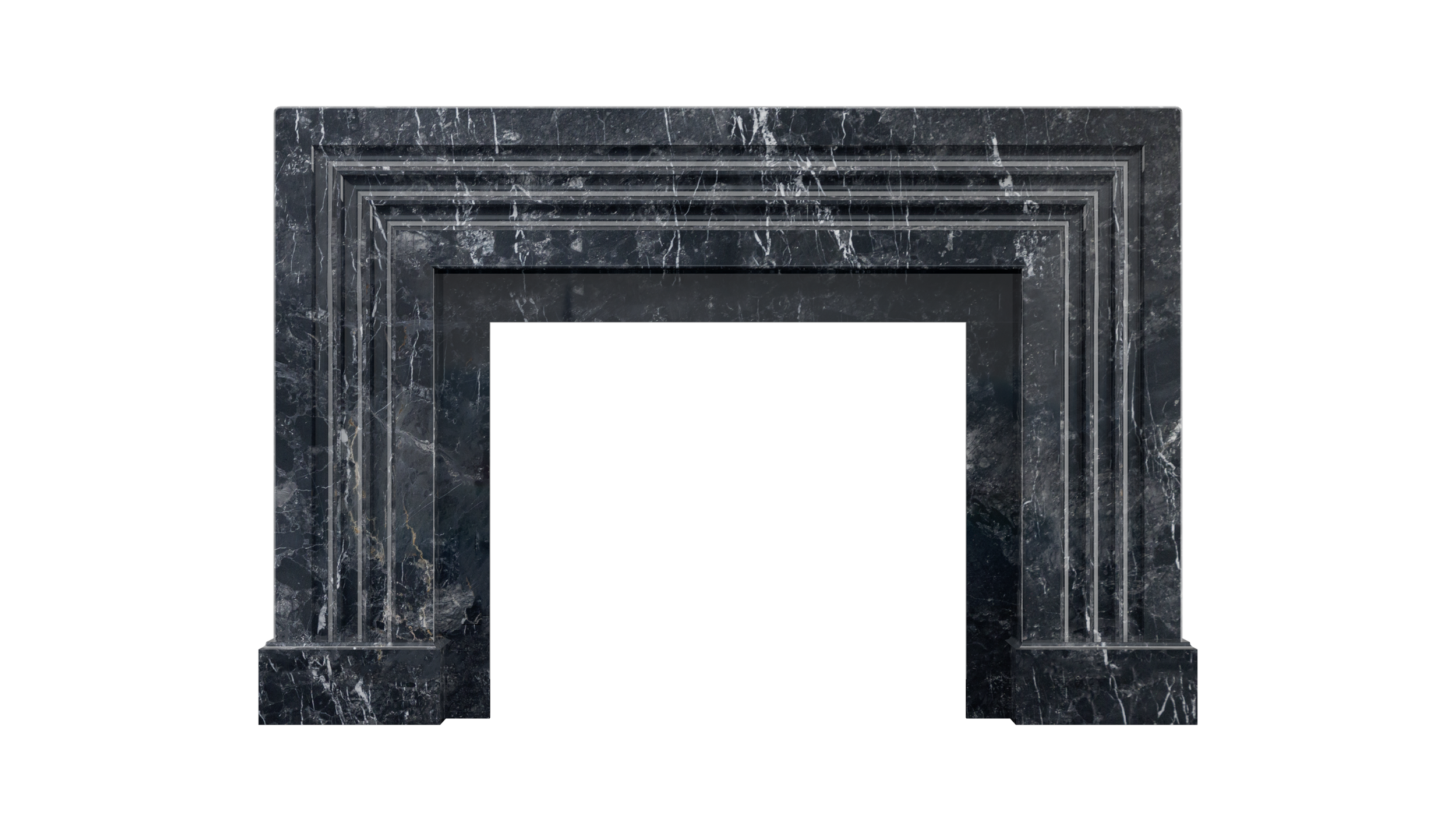 Black marble fireplace with white veining and rectangular design