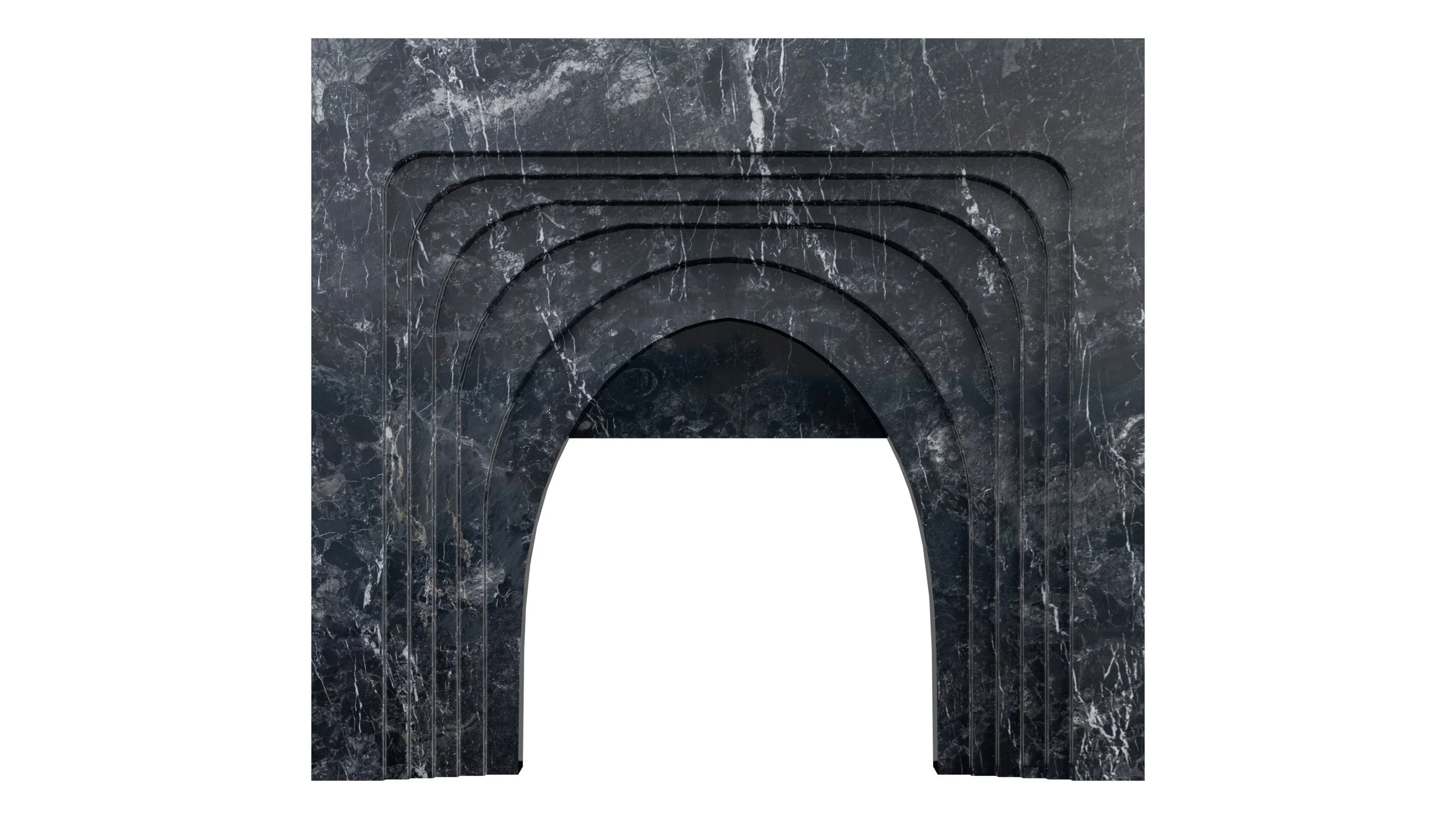 Black marble fireplace with a geometric arch design.