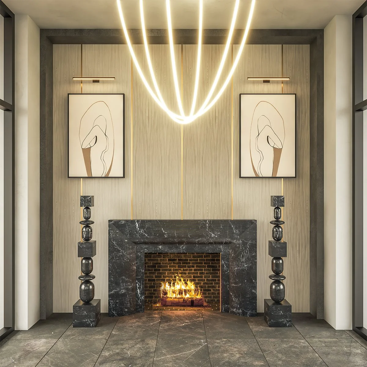 Modern living room with a fireplace, two black-and-white abstract art pieces, an illuminated sculpture above the stone fireplace, and a stone-tiled floor.