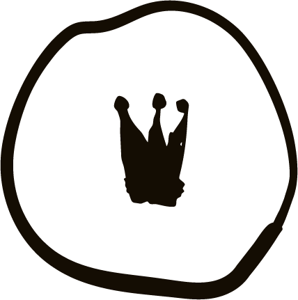 Silhouette of a crown inside a circle on a dark background.