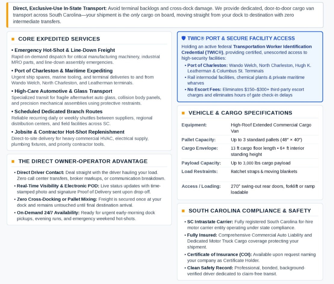 A detailed text-based document highlighting various transportation and logistics services, vehicle and cargo specifications, and South Carolina compliance and safety information, including sections on expedited services, TWIC access, owner-operator advantages, equipment details, and safety certifications.