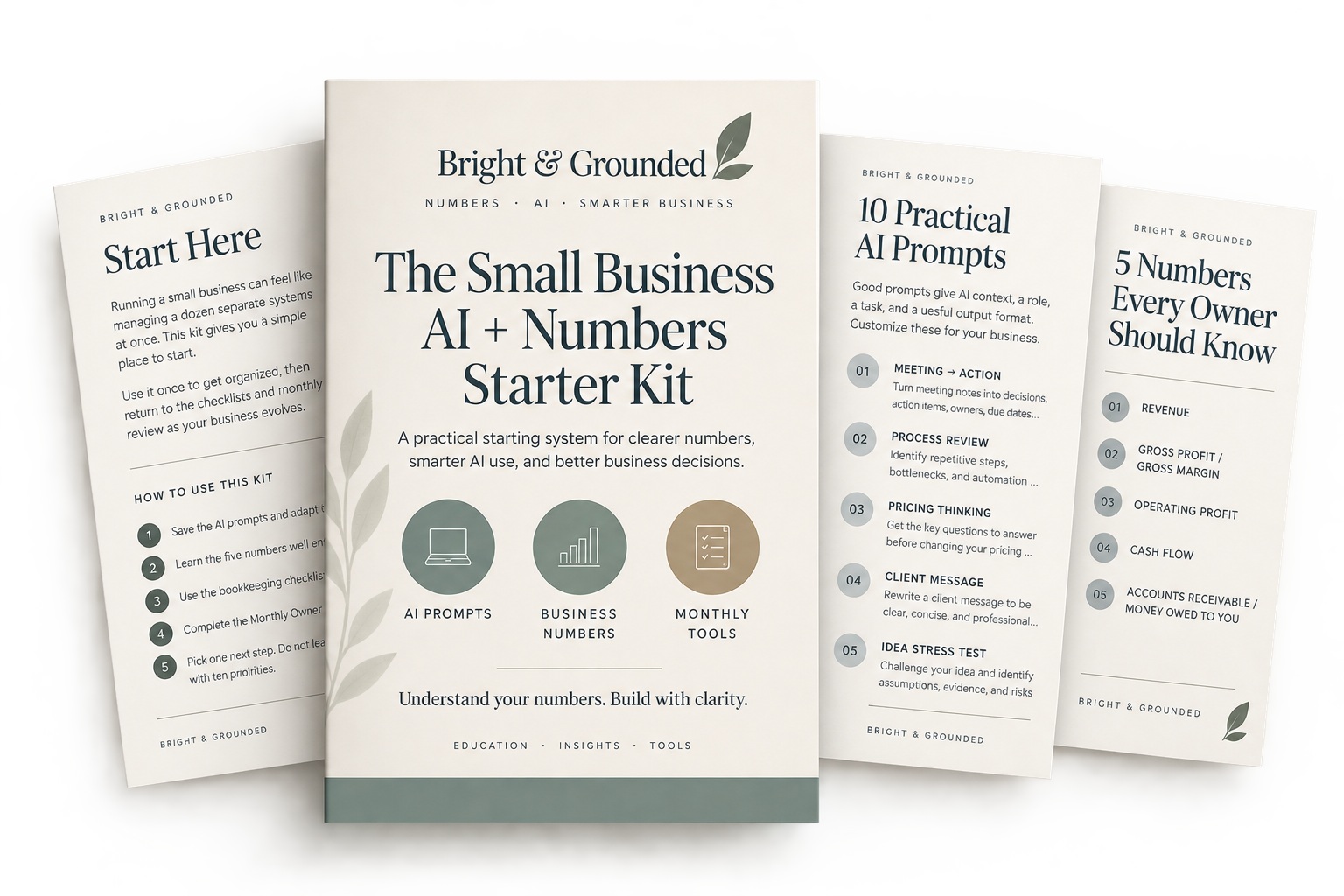 Bright & Grounded Small Business AI + Numbers Starter Kit with AI Prompts, business numbers, and monthly tools.