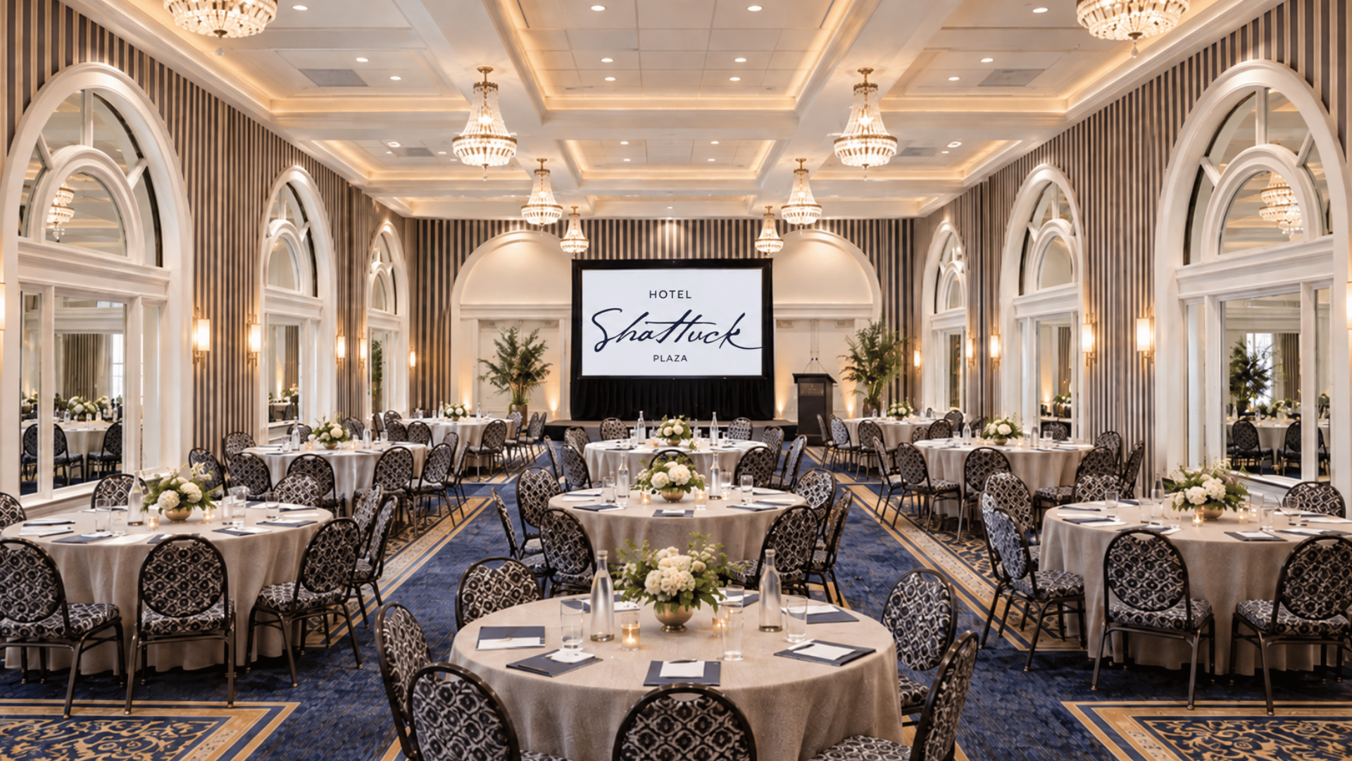 Elegant banquet hall with round tables covered in white tablecloths, adorned with flower centerpieces, black patterned chairs, and a stage with a large screen displaying 'Hotel Shattuck Plaza'. The room features tall, arched windows, chandeliers, and chandeliers with soft lighting.