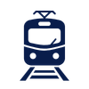 Cartoon-style train with face and eyes on a railroad track