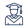 Outlined icon of a person wearing a graduation cap and gown.