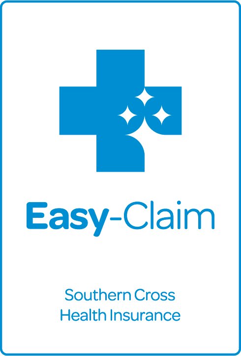 Blue medical cross logo with white sparkles, with text 'Easy-Claim' and 'Southern Cross Health Insurance' at the bottom.