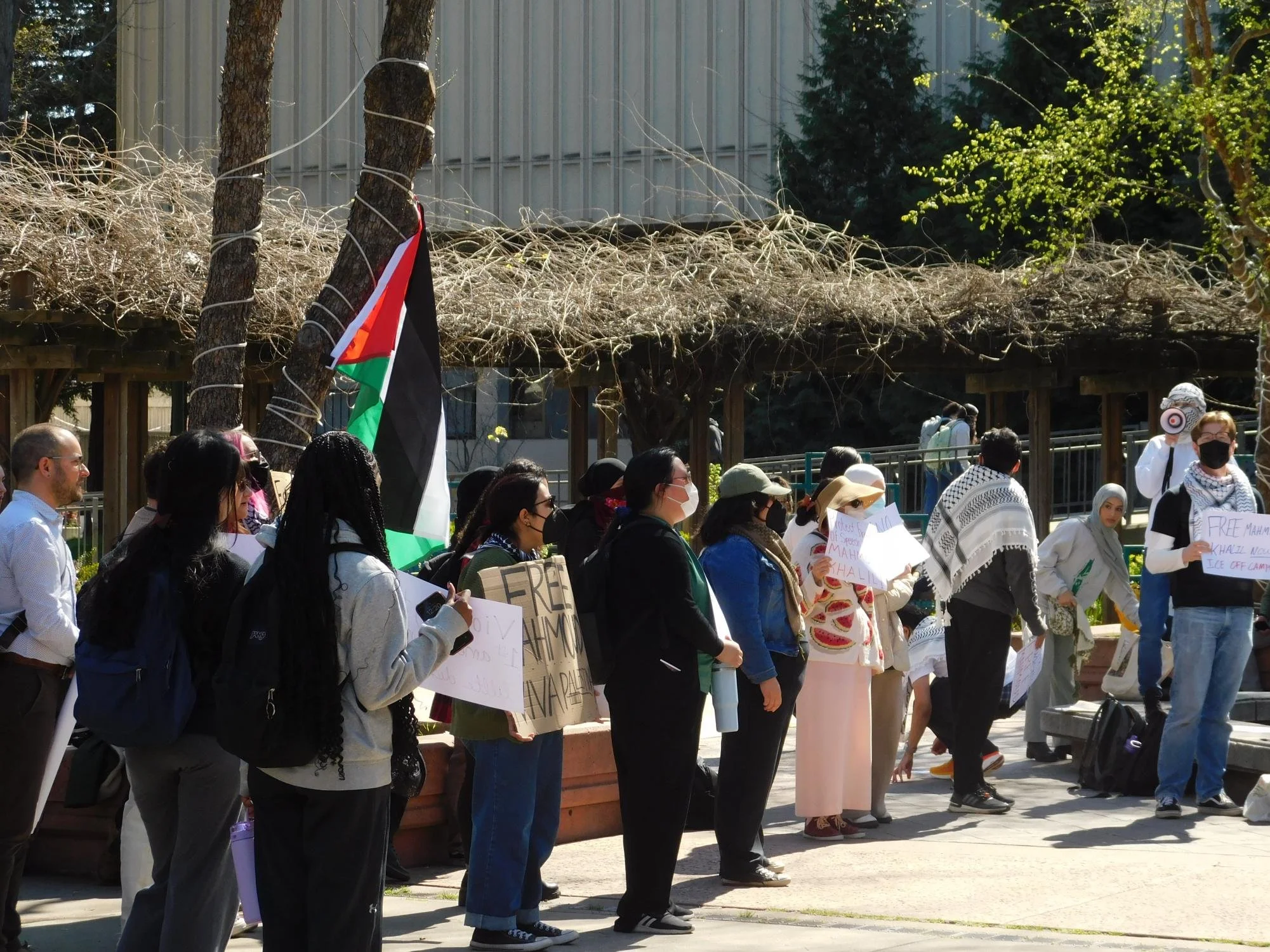  he Sacramento State community began their protest standing at attention in the library quad Tuesday, March 11, 2025. Students and community members were seen holding signs and listening to a speaker. (photo by Kai Arellano) 