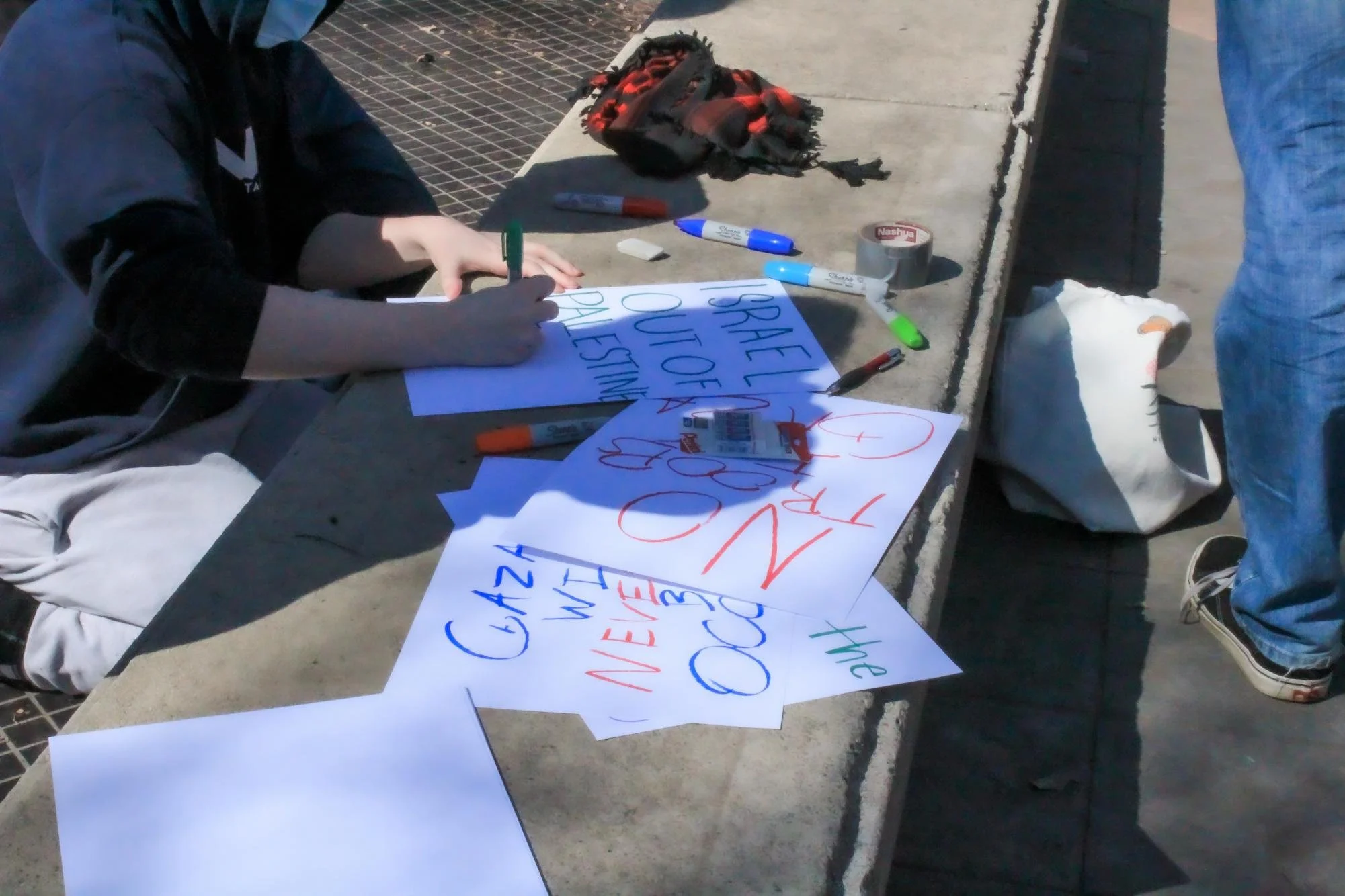 The Sacramento State community made handwritten signs for the protest in the Library Quad Tuesday, March 11, 2025. Protesters were seen holding similar signs with messages about the protesters’ rights under the First Amendment and the arrest of Mahm