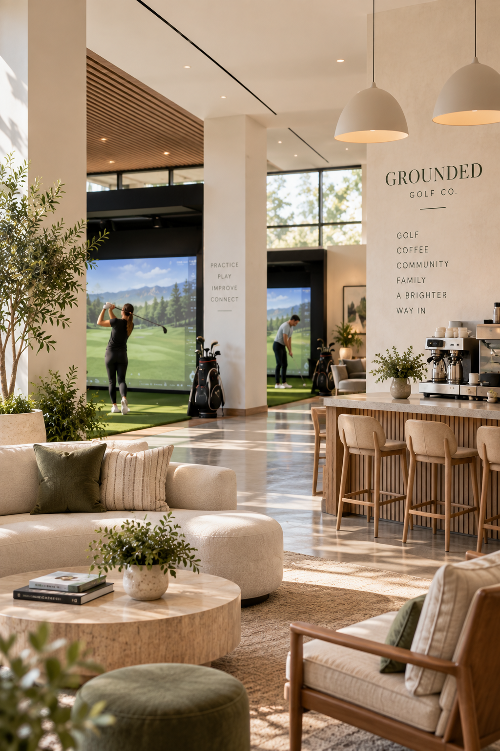 Indoor golf simulation lounge with seating area, coffee station, and two people practicing golf swings on simulated golf screens.