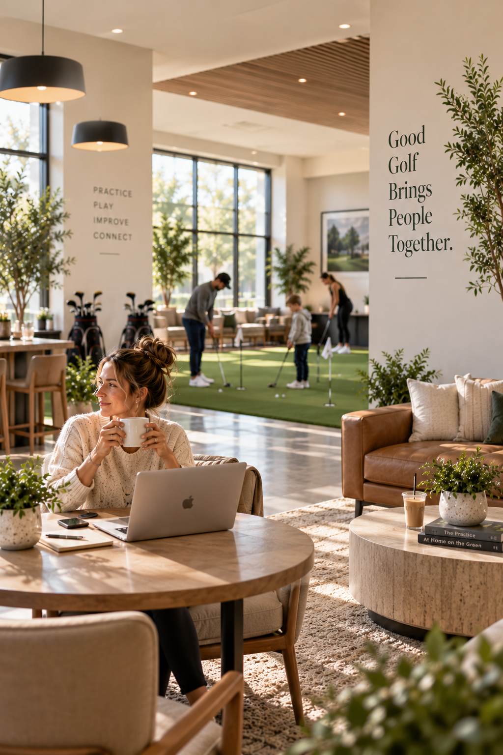 Woman sitting at a table with a laptop, drinking coffee, in a cozy indoor space with large windows, and a golf practice area in the background where people are practicing putting. Signs with text 'Practice Play Improve Connect' and 'Good Golf Brings People Together' are visible.