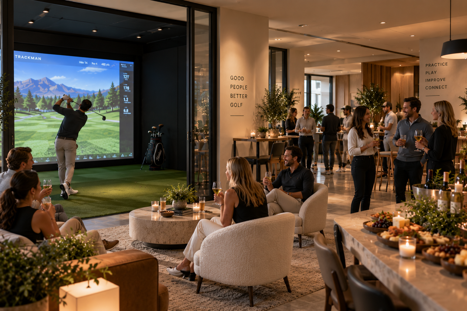 People watching a golf simulation game, standing and sitting in a decorated lounge area with candles, plants, and a table with food and drinks, engaging in conversations.