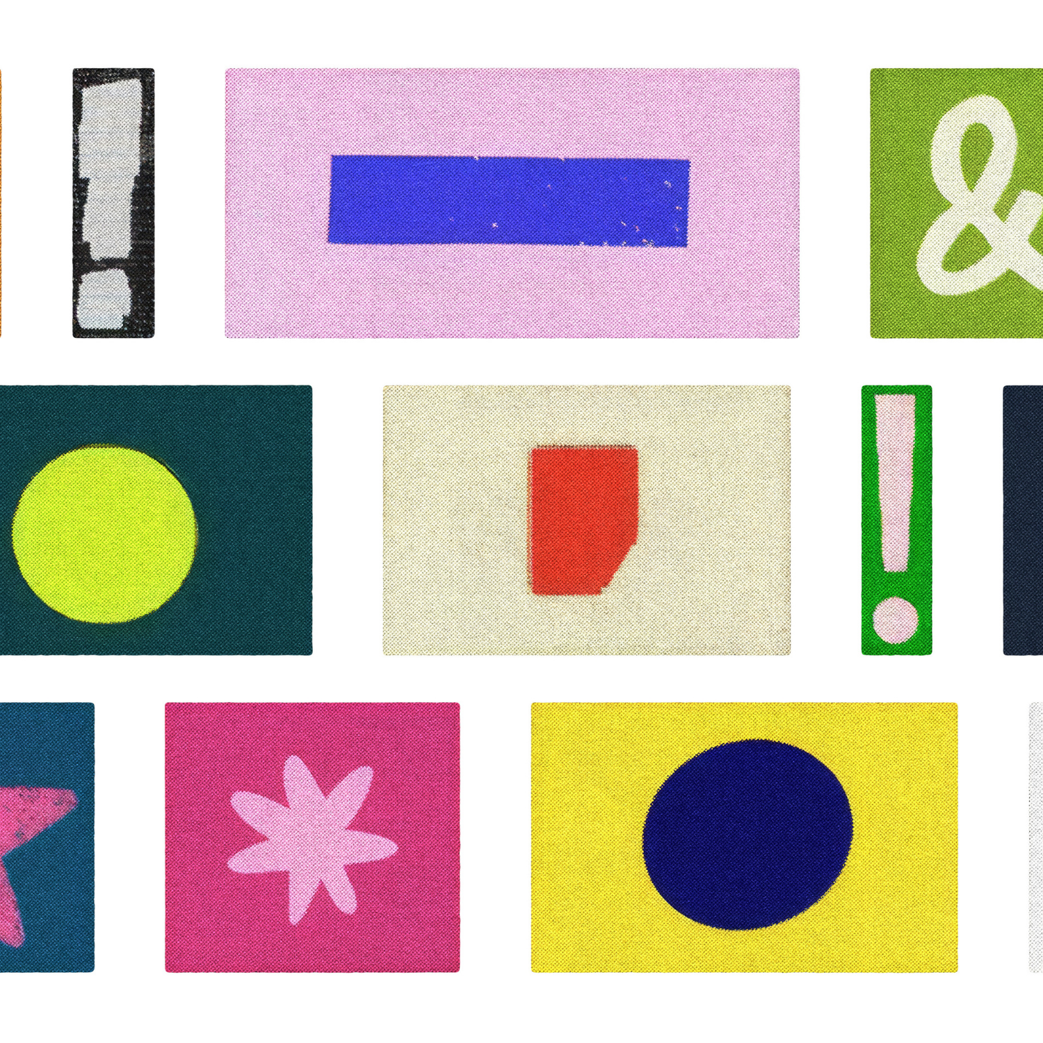 A collage of multicoloured rectangles, with each containing one of many punctuation marks in a contrasting colour.