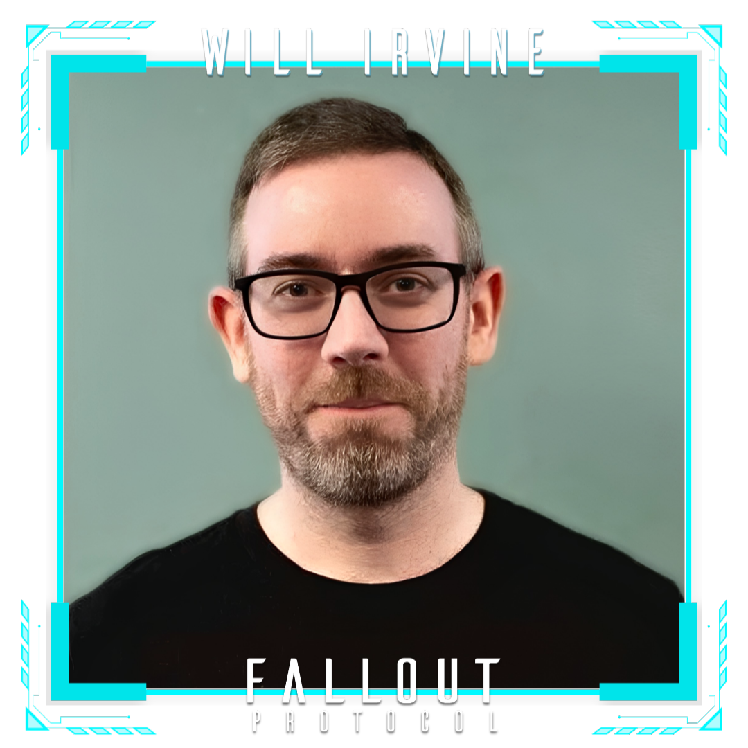 Photo of author Will Irvine facing the camera and smiling as he stands in front of a warm, pale green painted wall. The image is framed by graphic elements representing a futuristic heads-up display or HUD with his name and book title as text.