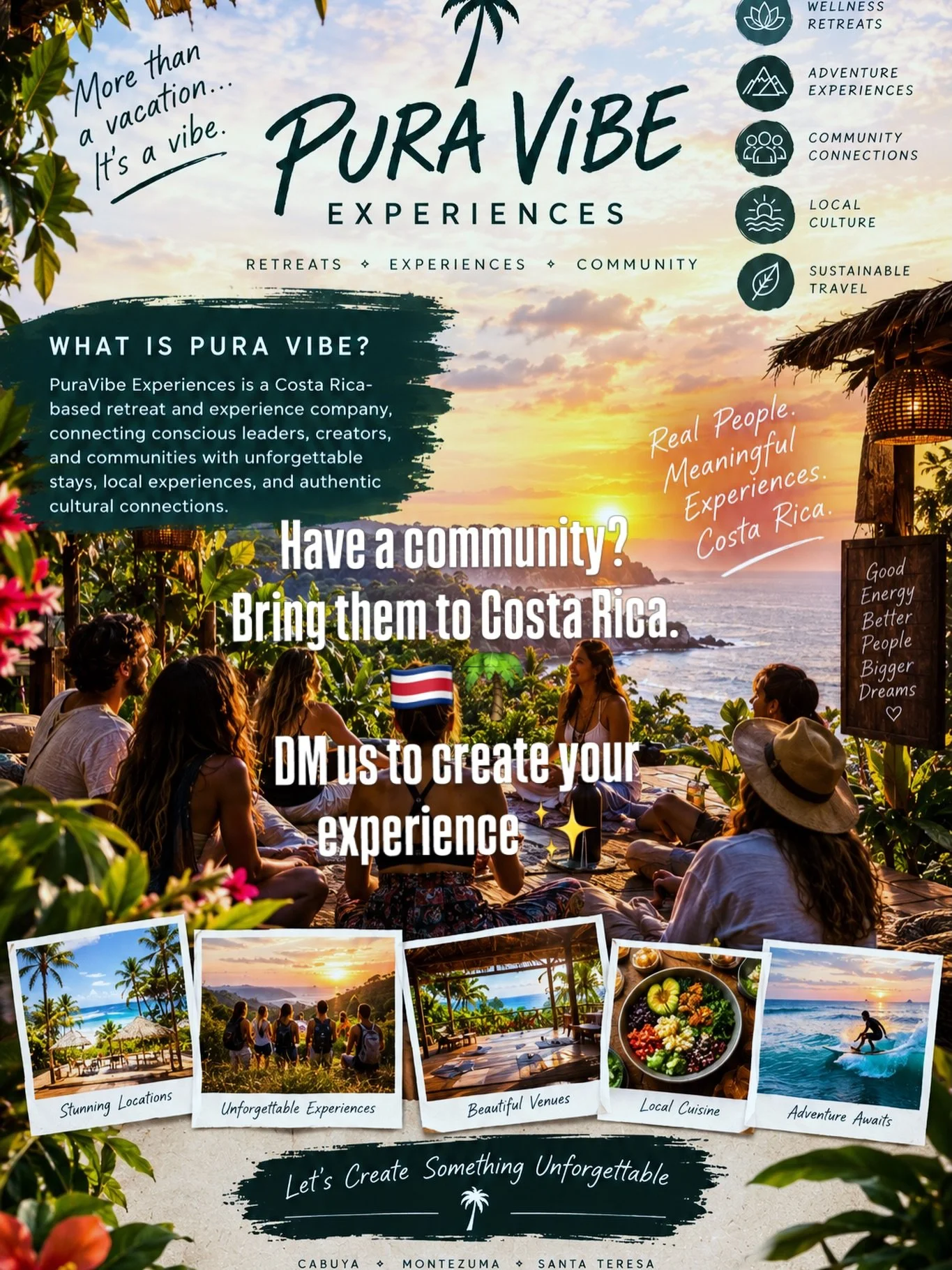 More than a vacation&hellip; it&rsquo;s an experience. 🌴🇨🇷

PuraVibe Experiences connects leaders, creators, coaches and communities with unforgettable retreats and experiences in Costa Rica.

🌿 Wellness retreats
🌊 Adventure experiences
🤝 Commu
