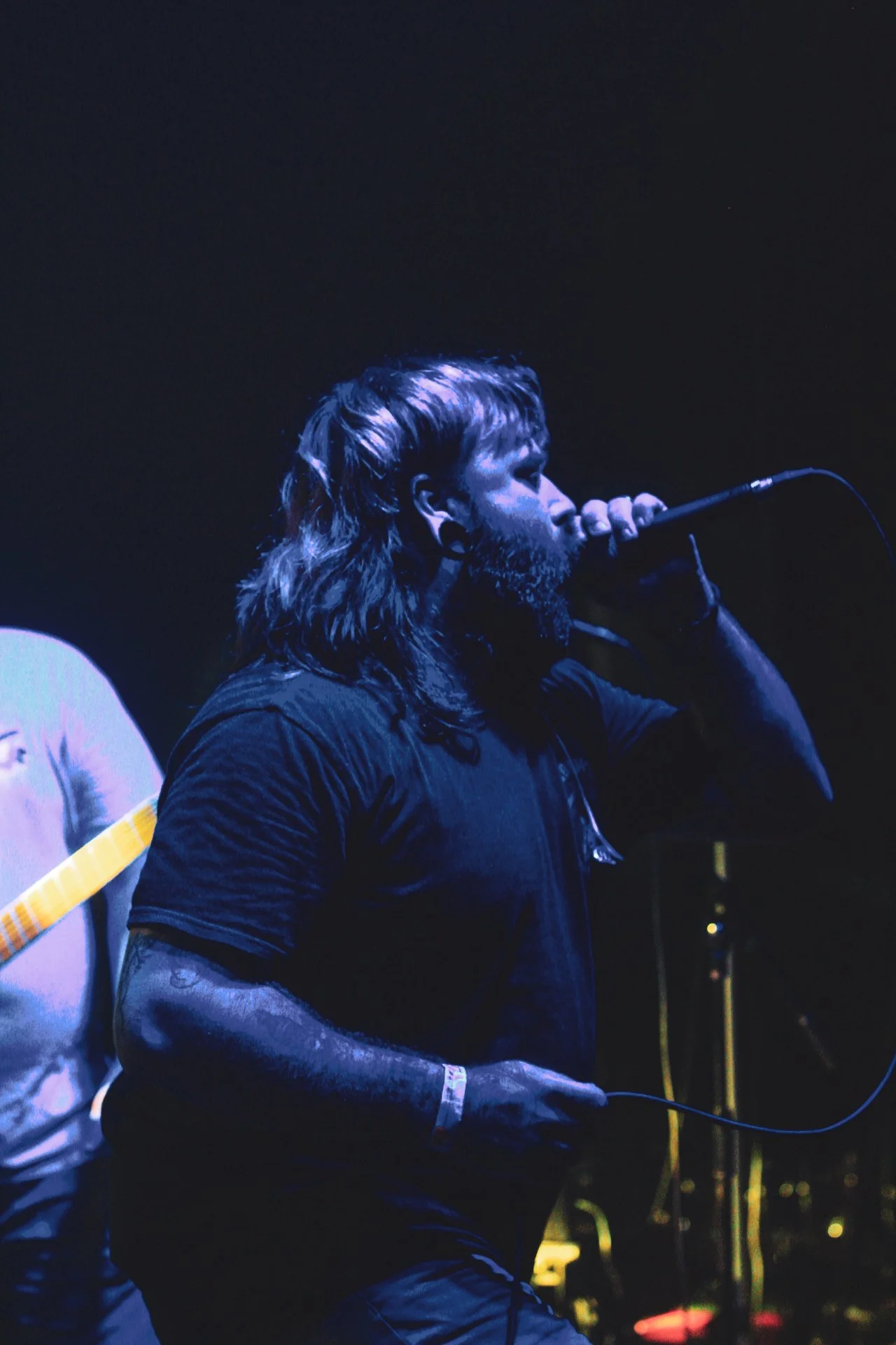 A male singer with long hair and a beard, wearing a black shirt, holding a microphone and performing on stage with blue lighting.