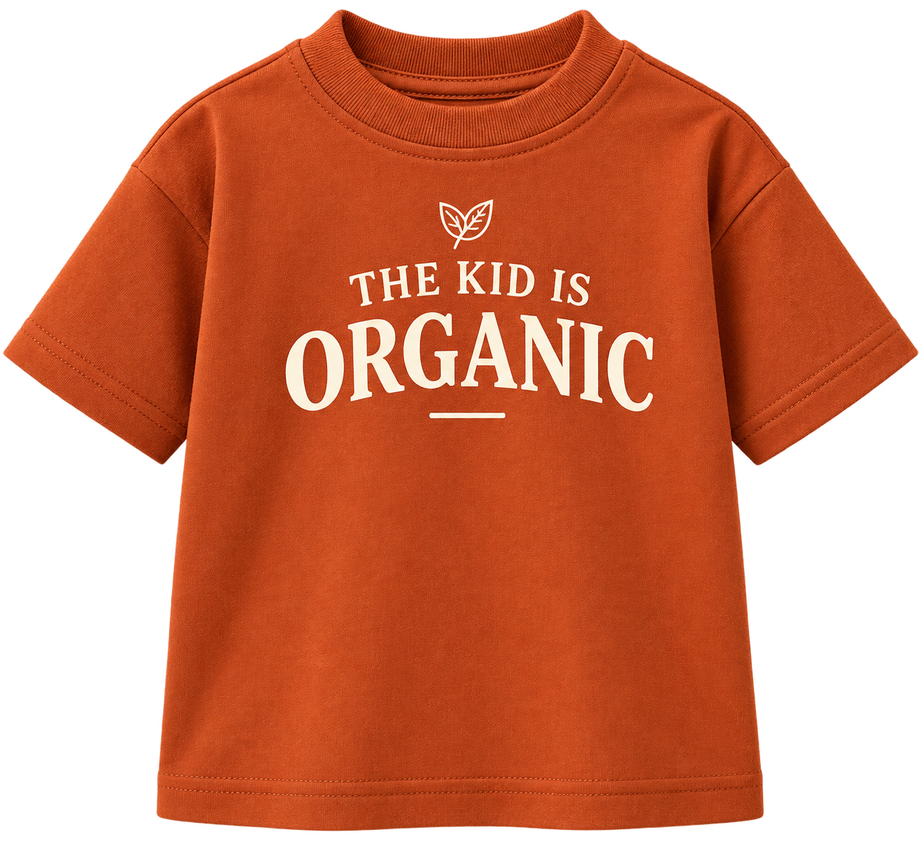 Orange kids' T-shirt with white text reading "The Kid is Organic" and a leaf graphic above the text.