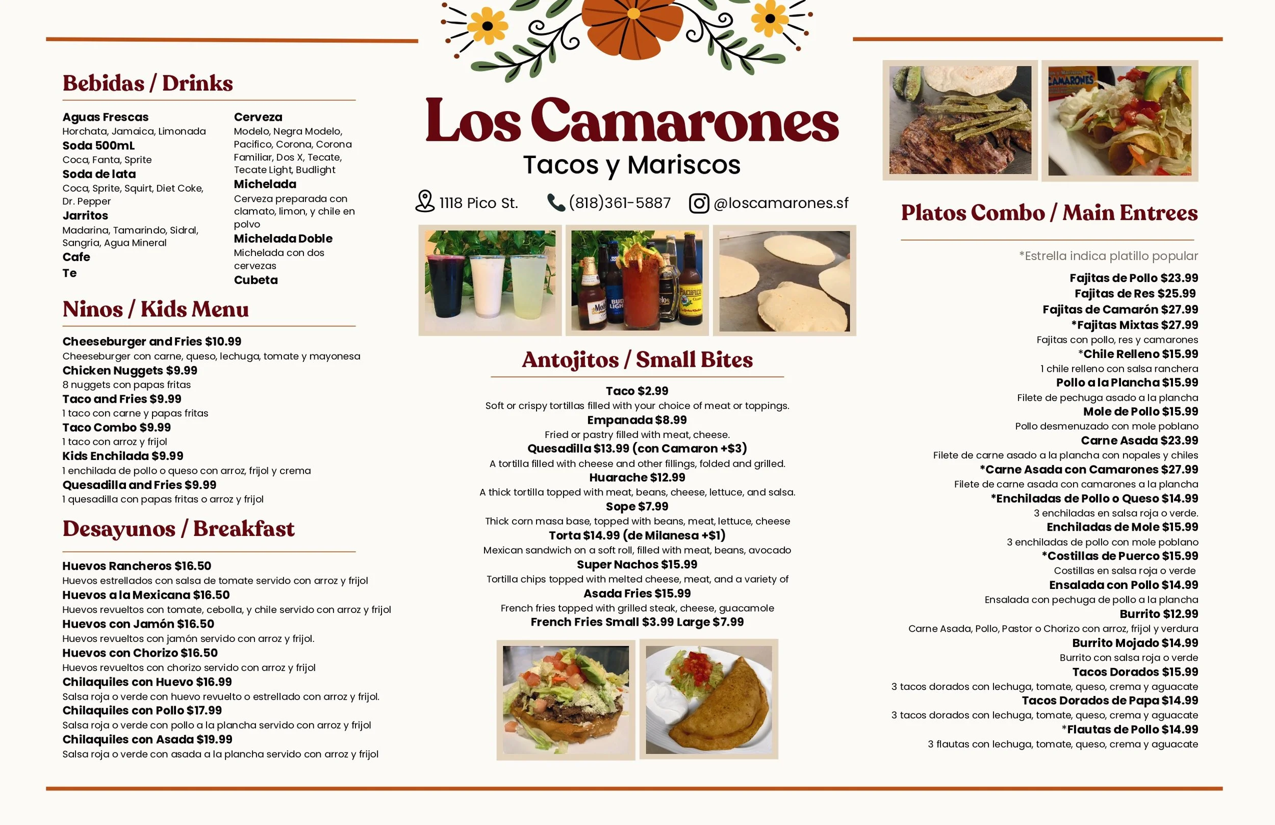 Menu from Los Camarones restaurant featuring drinks, kids menu, breakfast, main entrees, and small bites, with photos of drinks, tacos, and dishes.