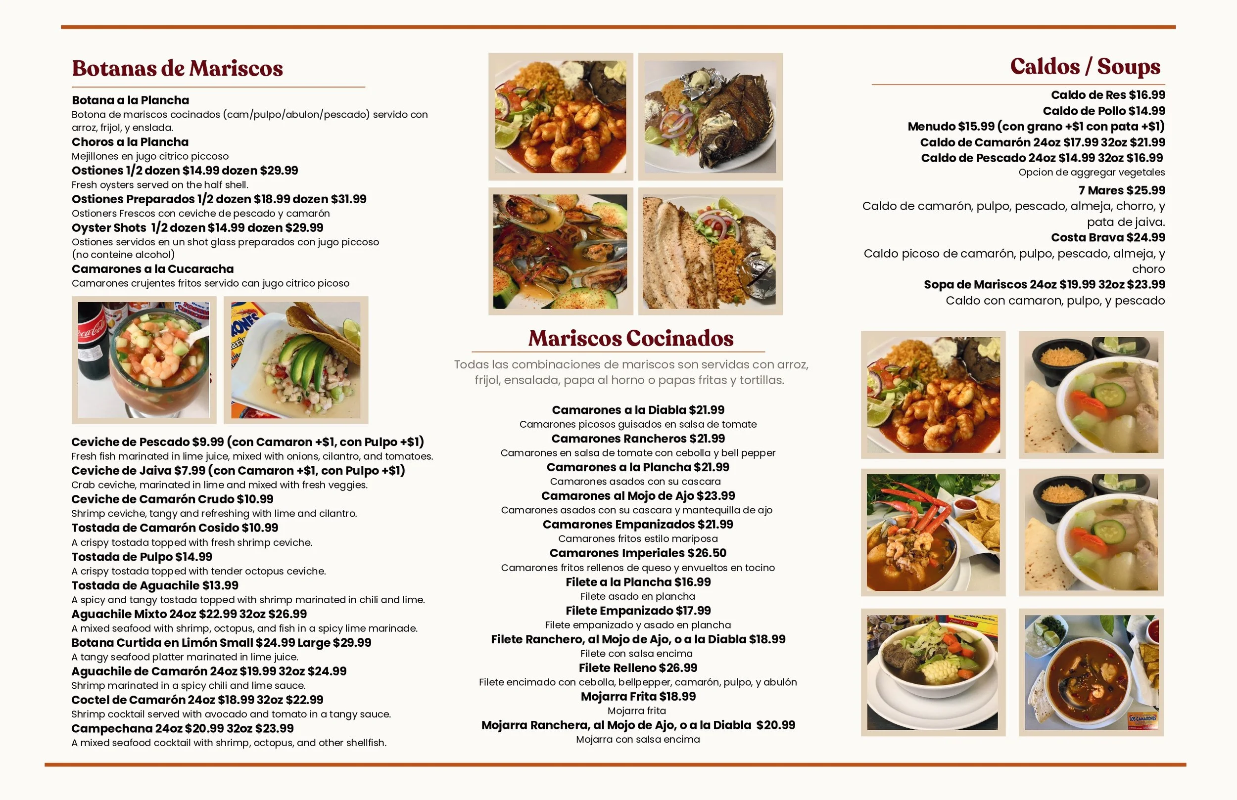 Menu featuring various seafood dishes, with images of shrimp, oysters, crab, and fish, along with a list of soups and cooked seafood options.