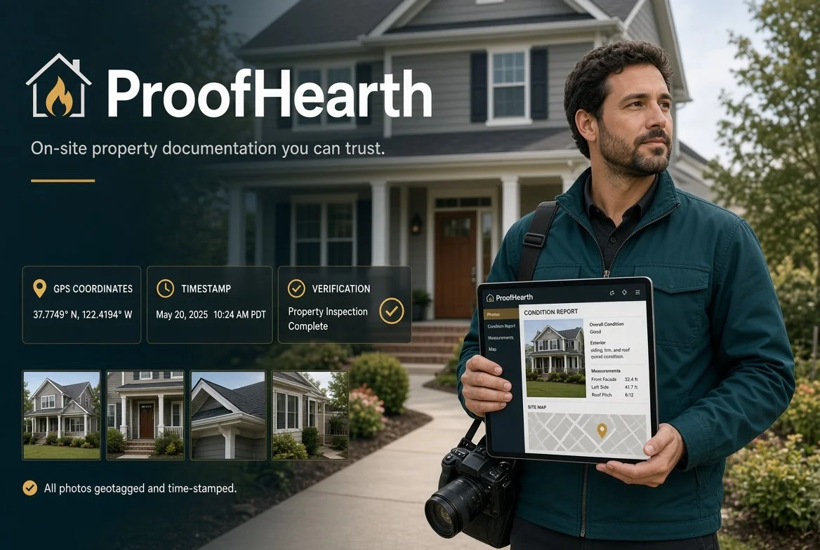 A man holding a tablet with a property report standing outside a house with a front porch, trees, and a garden.