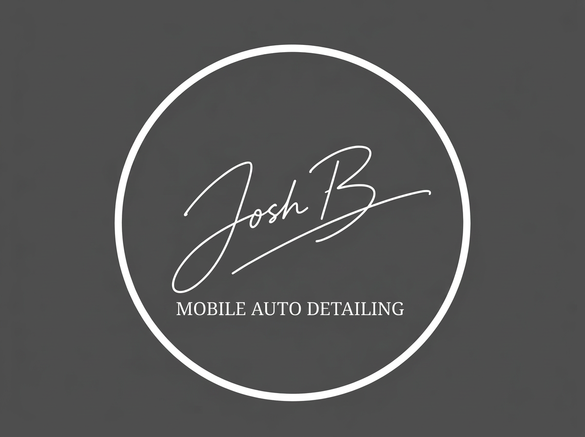Logo for Josh B Mobile Auto Detailing with the text 'Josh B' in cursive inside a white circle and 'Mobile Auto Detailing' underneath in uppercase letters on a dark background.