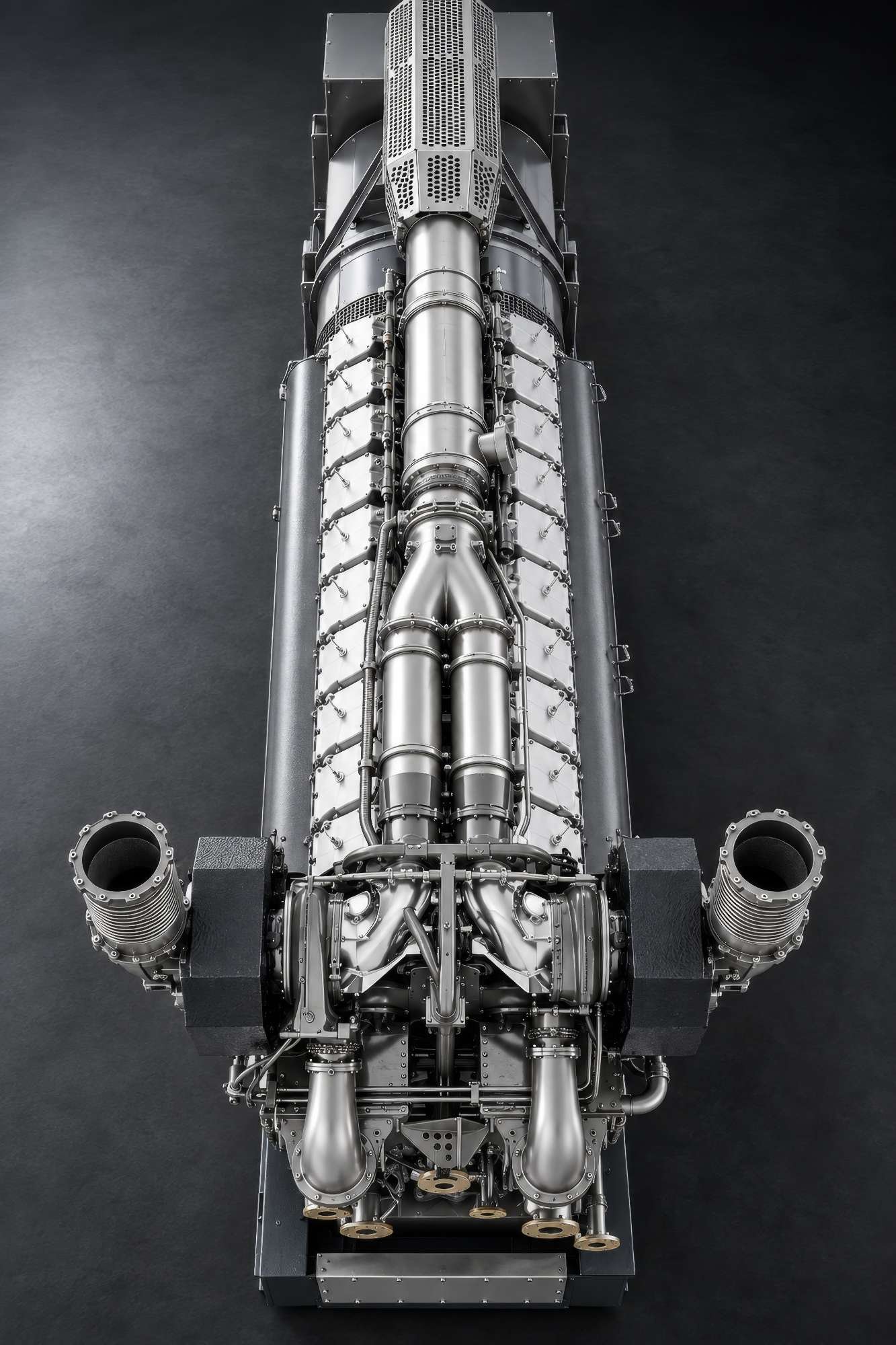 Close-up of a complex, metallic scientific instrument with shiny gears, pipes, and mechanical components.