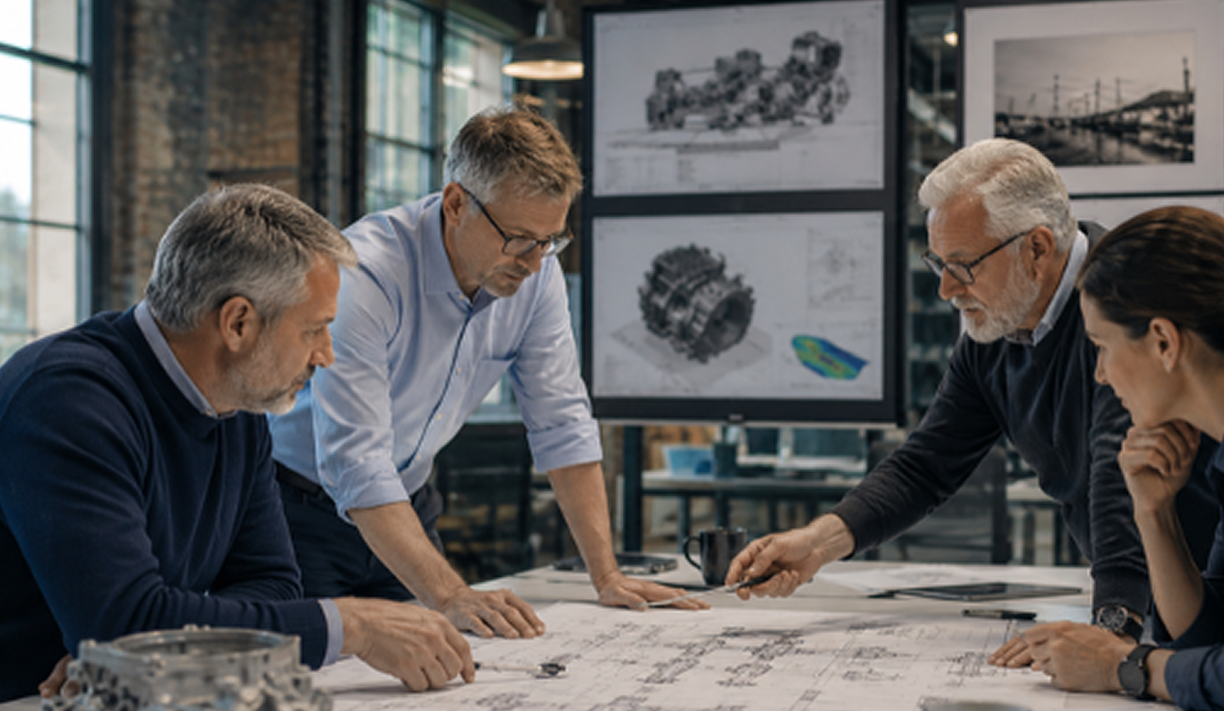 A group of five engineers or architects gathered around a table in a modern industrial-style office, examining blueprints, with technical drawings and 3D renderings of mechanical parts and train models displayed on screens in the background.