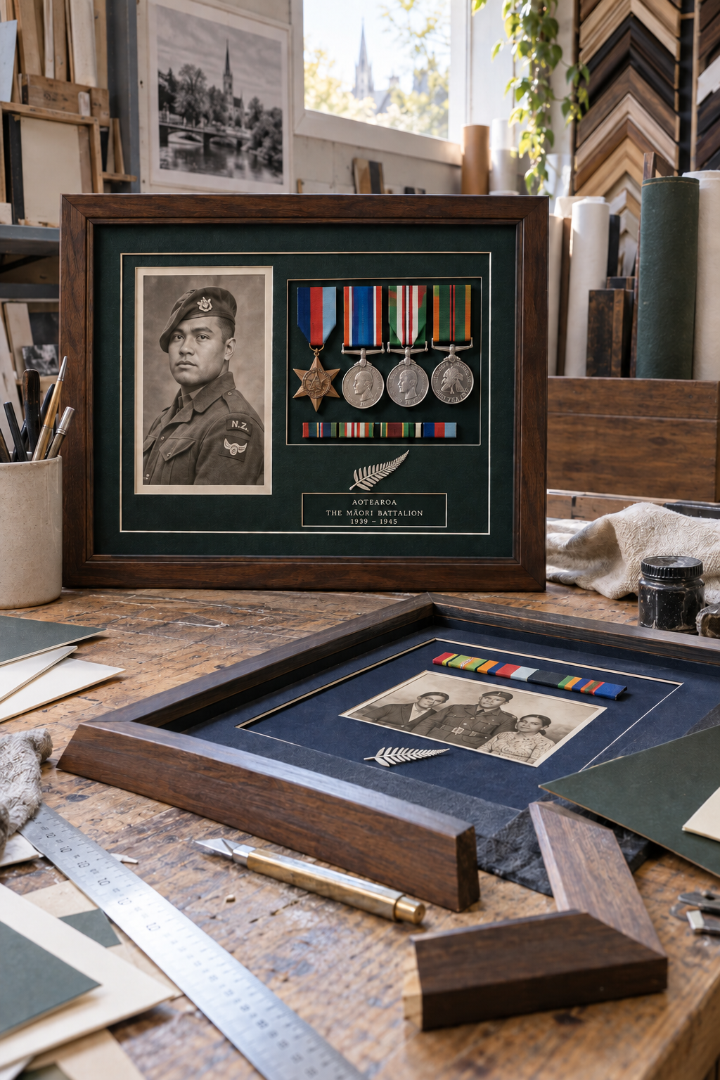 A framed display with a black and white photo of a soldier, medals, and a fern leaf, commemorating New Zealand's Maori Battalion 1939-1945 in a workshop or art studio.