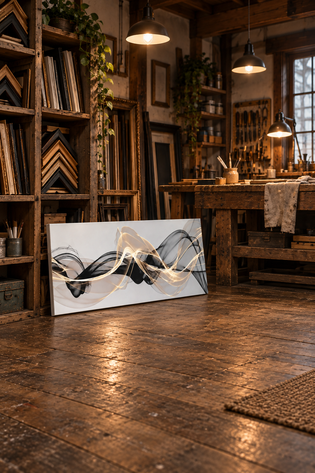 A cluttered artist's workshop with wooden shelves filled with picture frames and art supplies, a workbench, and a large abstract painting leaning against the wall.