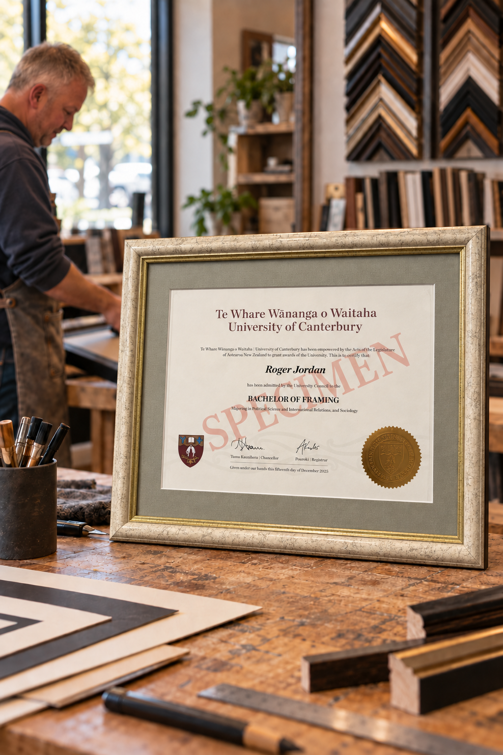 A framed diploma from the University of Canterbury awarded to Roger Jordan for a Bachelor of Framing in Political Science, International Relations, and Sociology. The diploma is on a wooden table with framing samples and tools nearby, inside a framing shop.