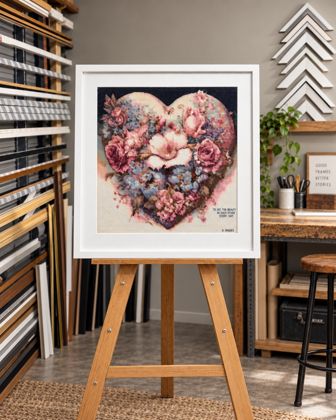 Framed cross-stitch art of a heart made of pink and blue flowers on an easel in an art studio with sample framing strips and art supplies in the background.