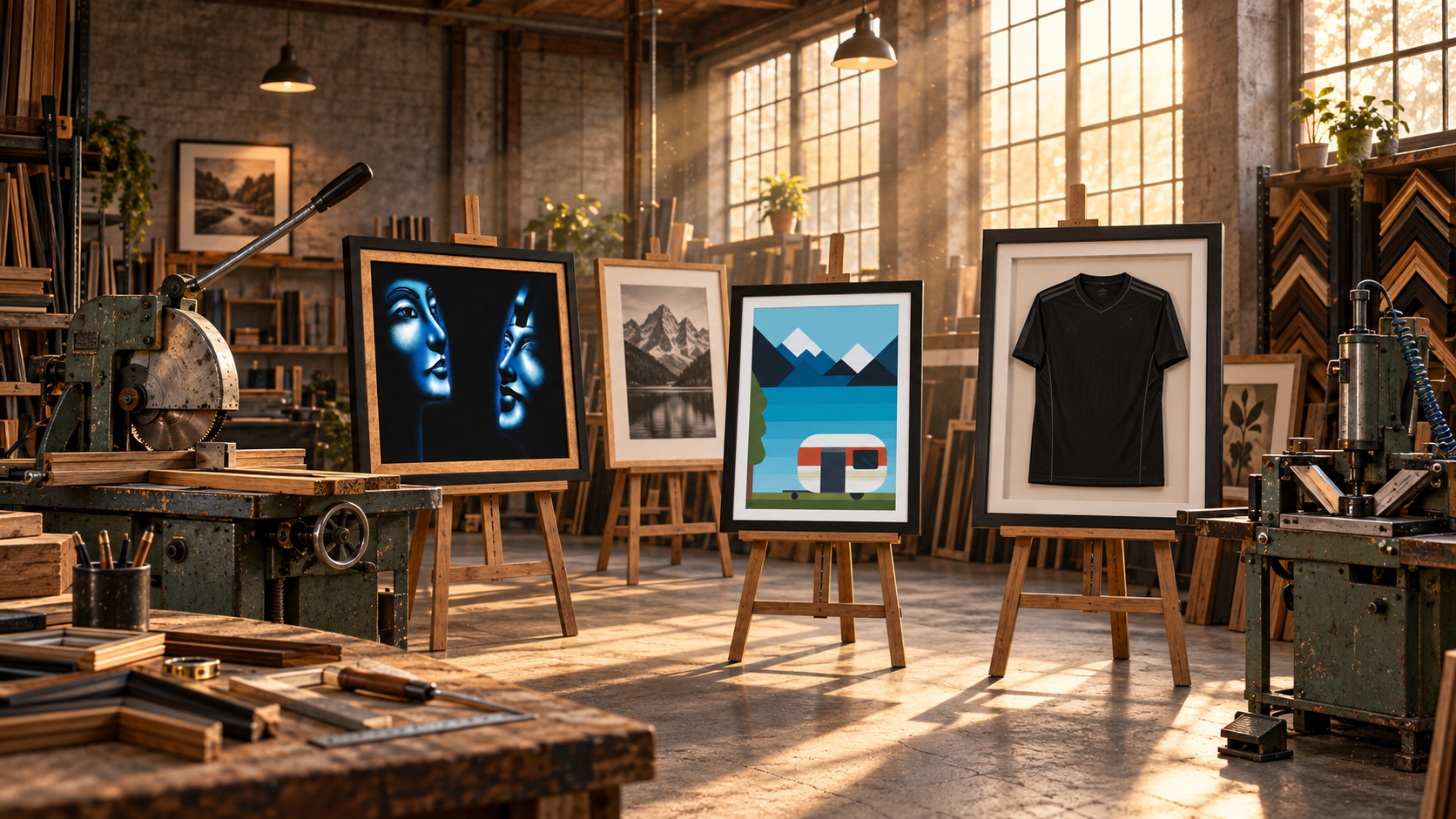 An art gallery or studio with bricks walls and large windows allowing sunlight, displaying framed artworks including a digital painting of mountains, a scenic photograph of snow-capped peaks, a pixel art landscape, a black sports jersey, and a portrait of two women with glowing blue faces. There are vintage sewing or printing machines in the foreground and shelves with art supplies and frames.