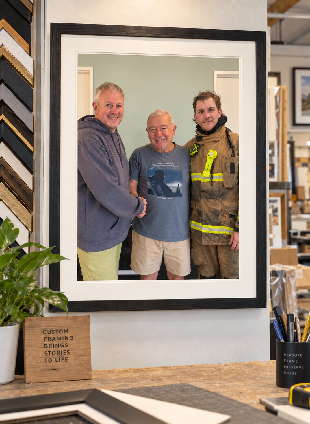 Three men standing together inside a picture frame, shaking hands and smiling. One man is in a gray hoodie, another in a blue t-shirt, and the third in a firefighter uniform. They are in a framing shop with sample frames and tools.
