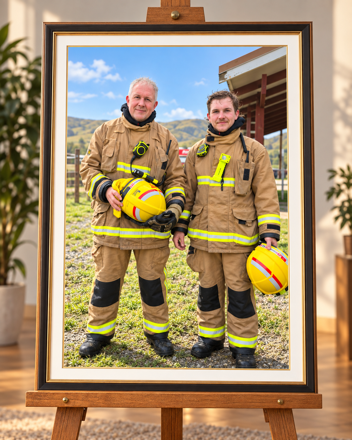 A framed photograph of two firefighters in uniform holding helmets outside with hills and blue sky in the background.