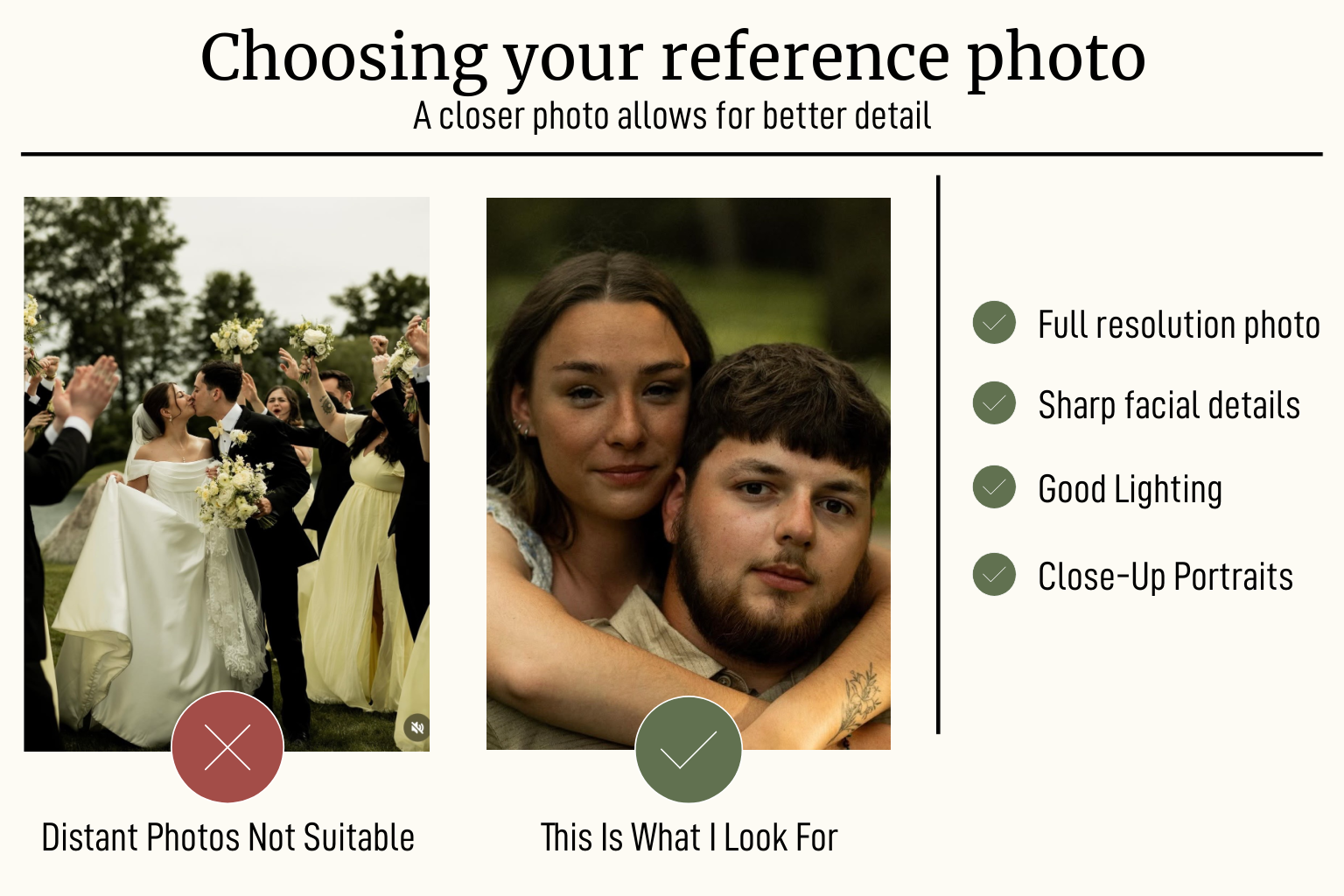 Comparison of two photos: left photo of a wedding celebration with a bride and groom kissing and guests cheering outdoors, labeled 'Distant Photos Not Suitable'; right close-up portrait of a woman and man, labeled 'This Is What I Look For.' Checklist includes full resolution photo, sharp facial details, good lighting, and close-up portraits.