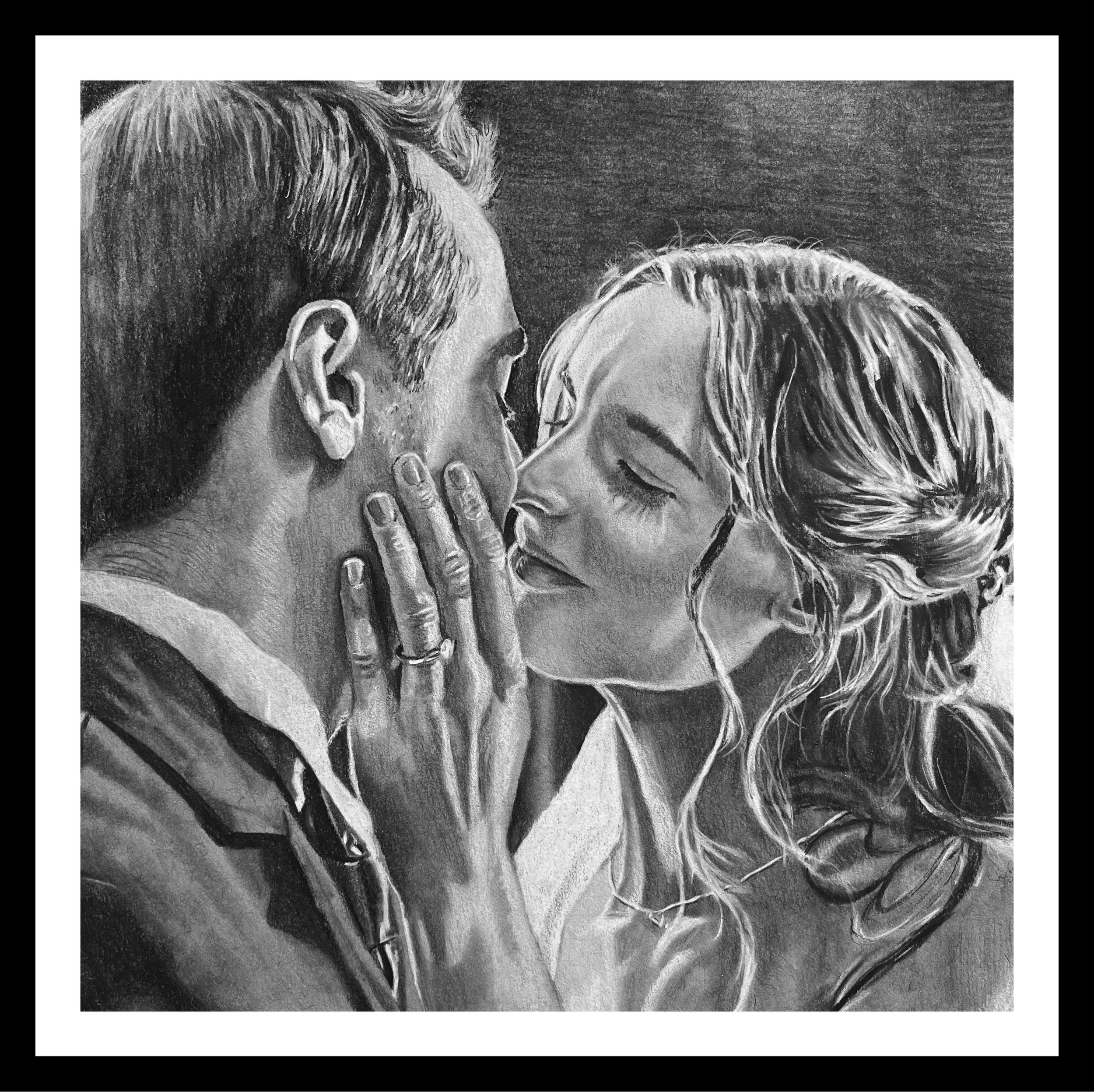 Black-and-white drawing of two people sharing a kiss, with one person's hand on the other's cheek and their faces close together.