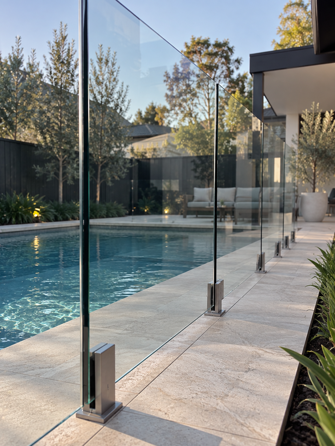Residential backyard pool area with clear glass safety fence, outdoor seating, trees, and a blue sky.