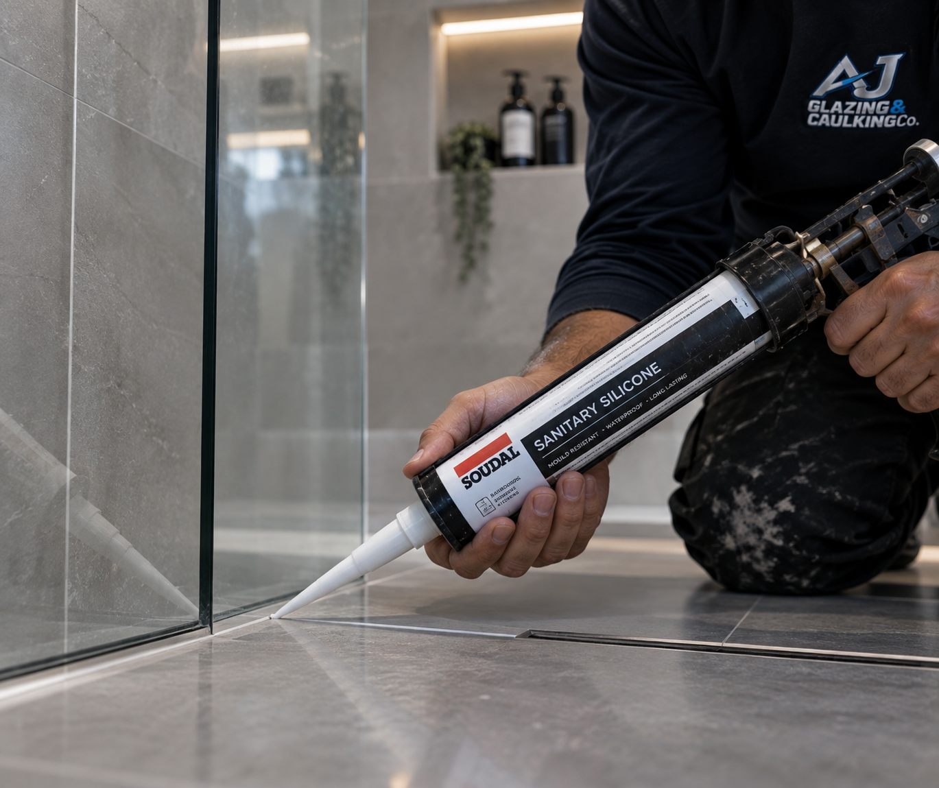 A person applying clear silicone sealant to tile in a bathroom or shower area using a caulking gun.