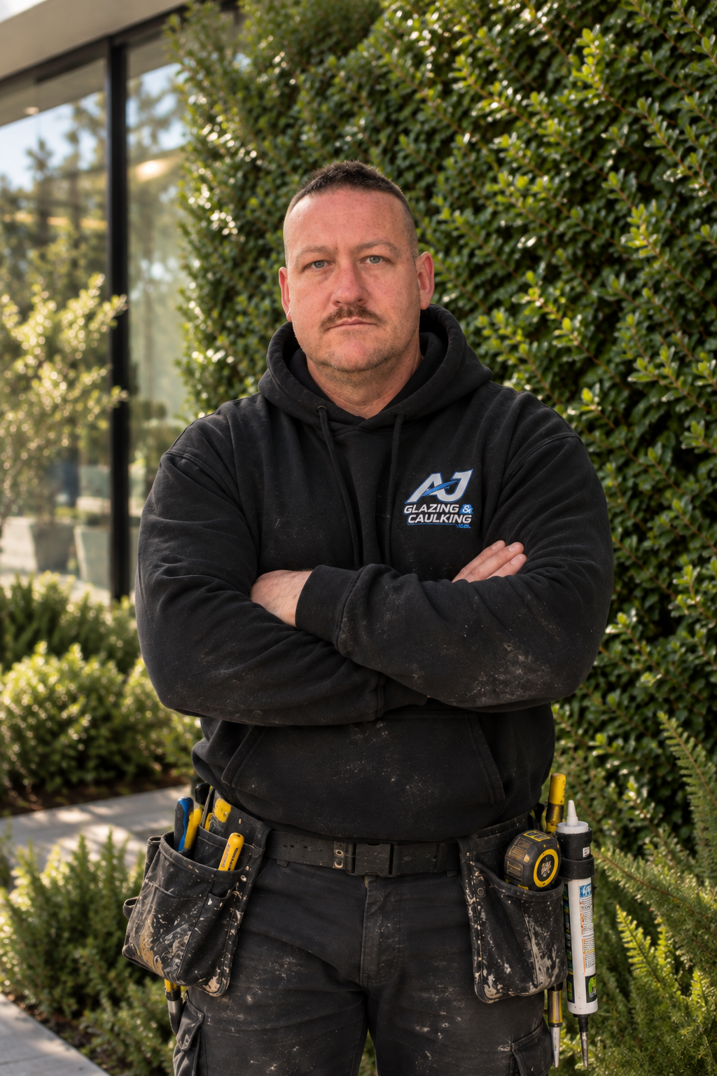 Man standing outdoors with arms crossed, wearing a black hoodie and work tools on his belt, in front of green hedge.