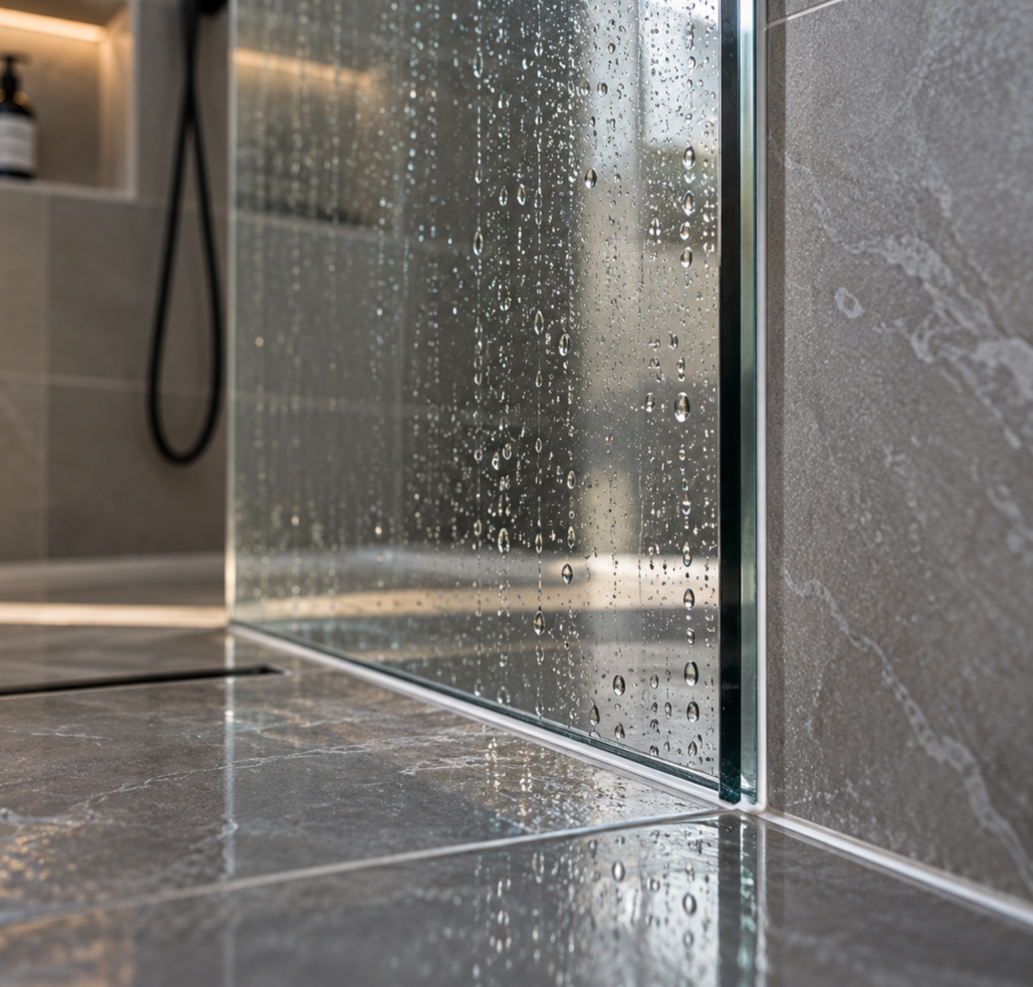 Close-up of a glass shower door with water droplets and rain streaks, set in a modern bathroom with gray tiles.