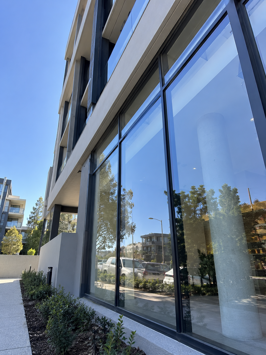 Modern building with large glass windows, reflecting the blue sky and trees outside, with a sidewalk and parked cars in front.
