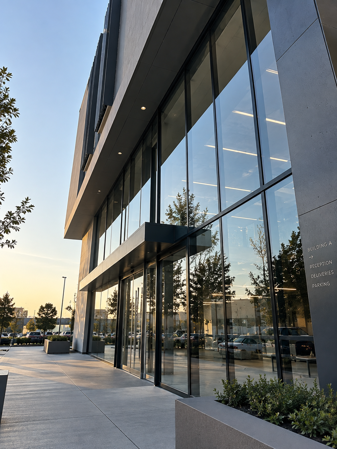 Modern building with glass facade reflecting trees and parking lot, clear sky in the background.