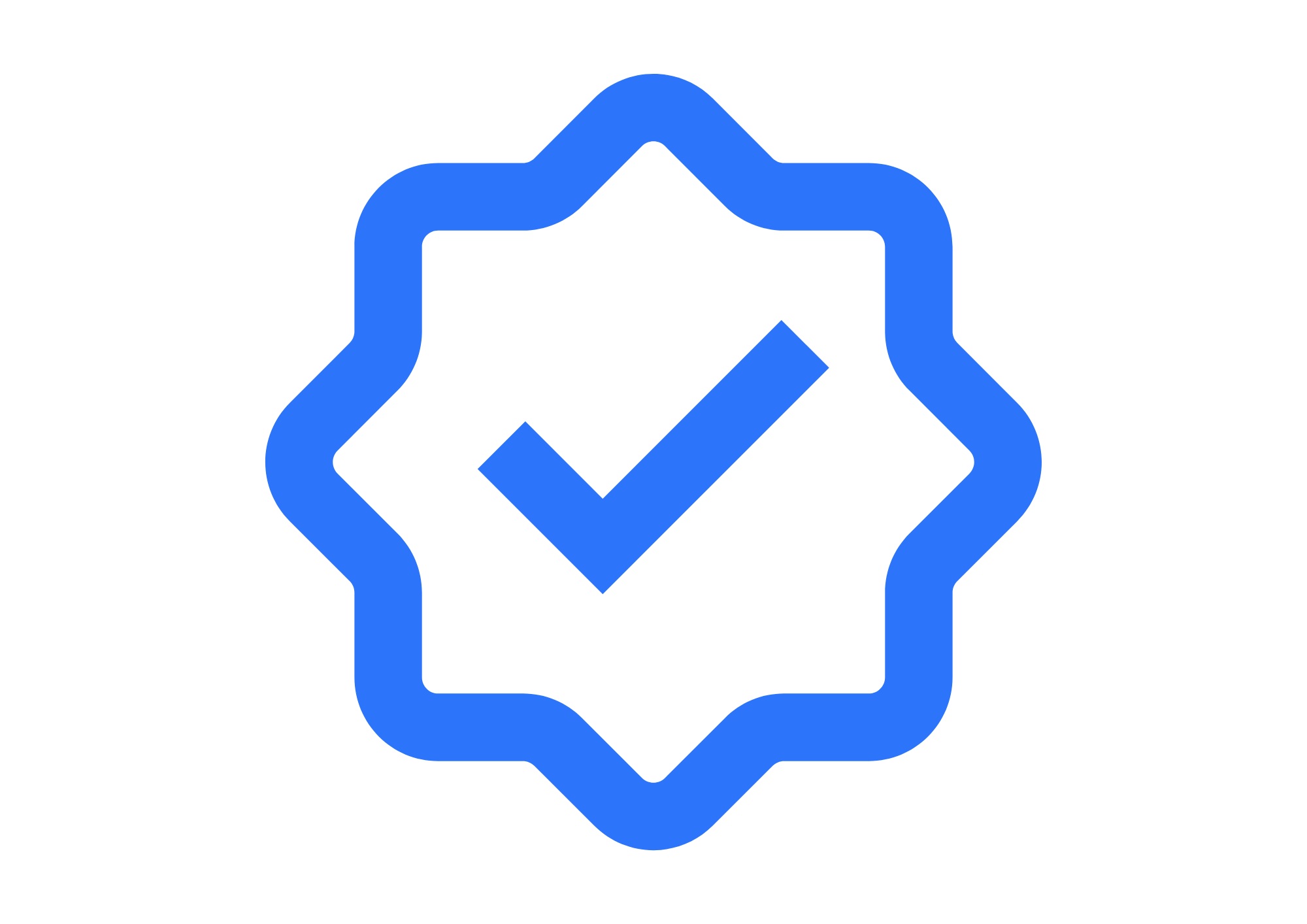 A digital icon of a blue square with rounded edges, featuring a white checkmark inside a diamond shape in the center.