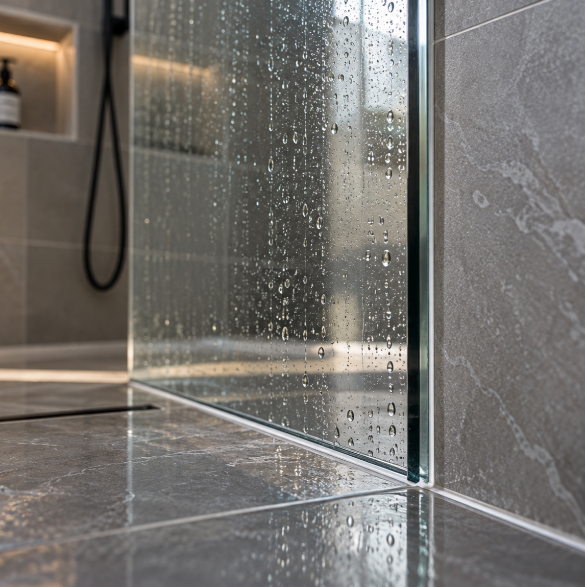 Close-up of a glass shower door with water droplets, gray tiled walls, and a black shower hose in the background.