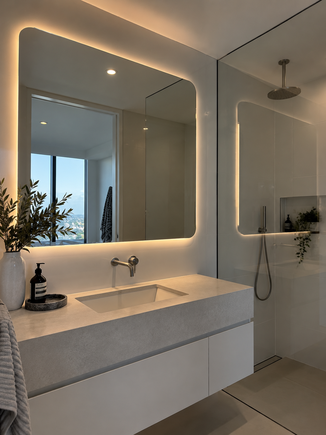 Modern bathroom with a large backlit mirror, white vanity with a rectangular sink, a potted plant, soap dispenser, and minimalist decor. The bathroom has a walk-in shower with a rain showerhead and a built-in niche with a plant and soap.