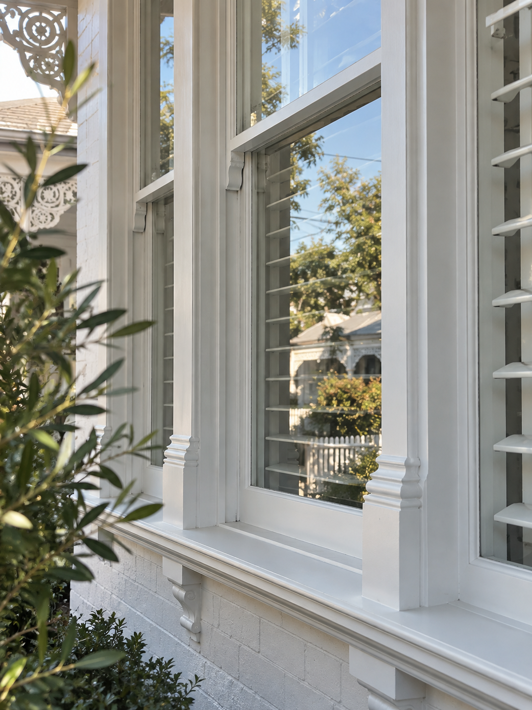 Close-up of white window with decorative molding and louvered shutters on a brick house, with a garden and trees outside.