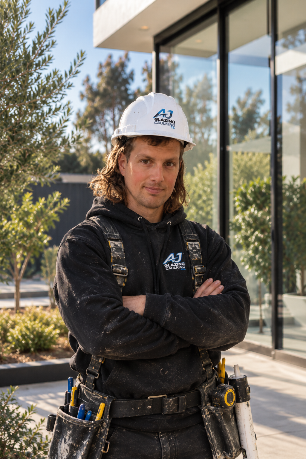 A man in construction gear, including a white hard hat and black hoodie, standing outdoors with crossed arms. He has a tool belt filled with pens and a flashlight, and a logo for Glazing Caulking Co. on his hat and hoodie. Background shows trees and a modern glass building.