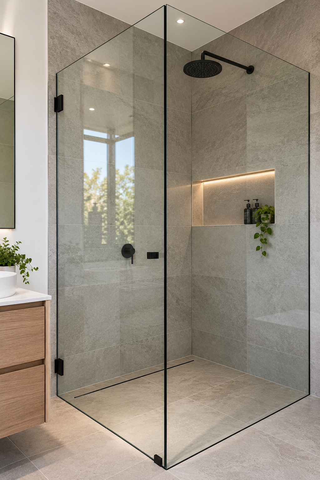 Modern walk-in shower with black fixtures, glass enclosure, and built-in niche with toiletries and a green plant, located in a contemporary bathroom with beige tiles and a window.