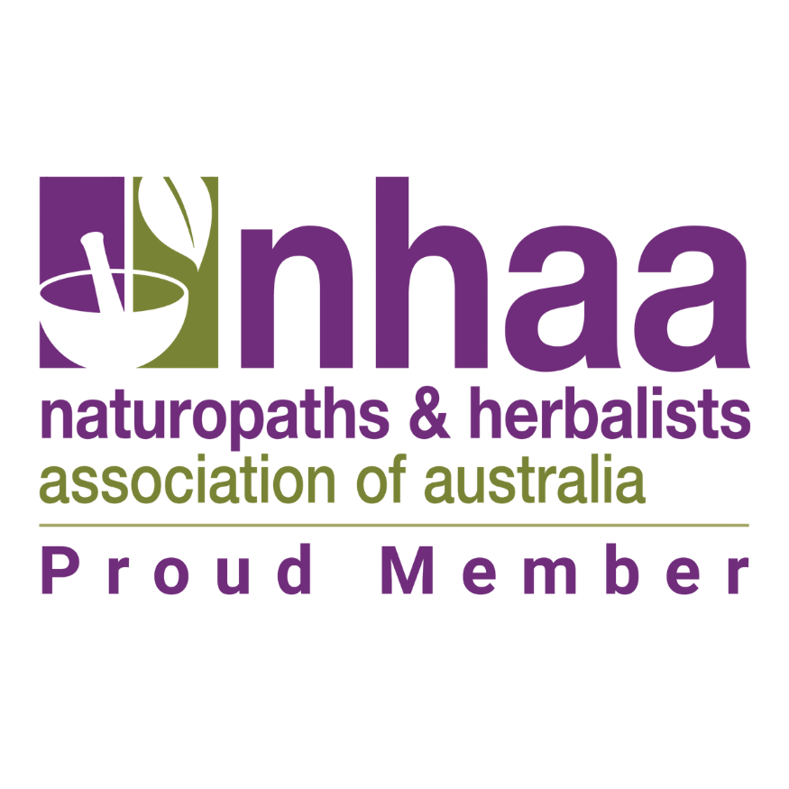 Logo of Nhaa, an association of naturopaths and herbalists in Australia, with green and purple colors, includes a leaf and mortar and pestle icon, and text indicating proud membership.